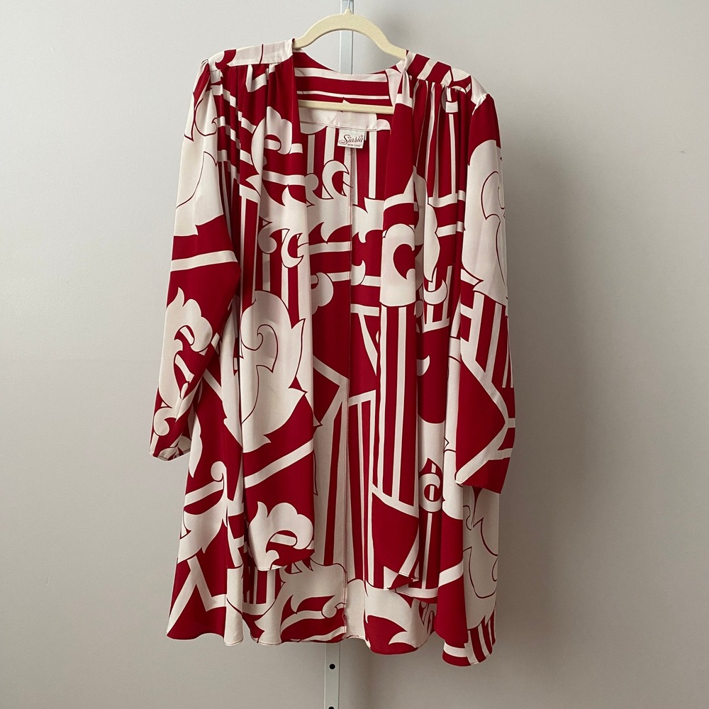 Siasia New York Boho Quirky Abstract Geometric Open Front Kimono Cardigan Red